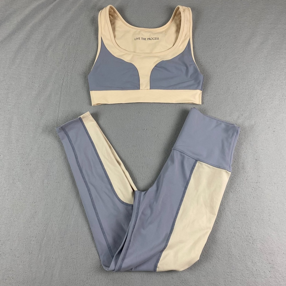 Live the Process Womens sports Bra Leggings Set L yoga pilates tan Made in USA